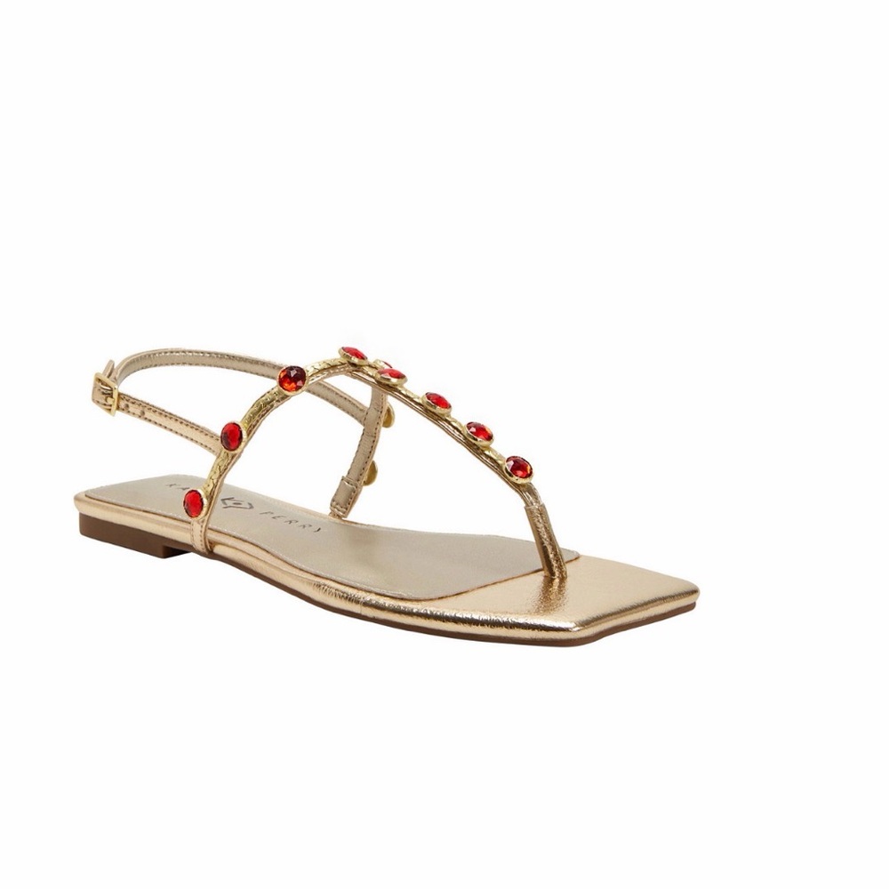 Katy Perry Collections Gold T-Strap Sandal with Red Gem Accents